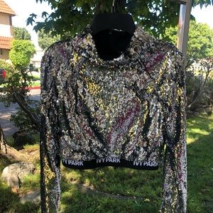 Funnel neck silver sequin long sleeve top